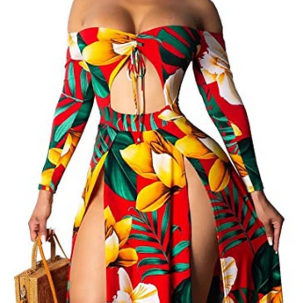 LightlyKiss Women's Sexy Off Shoulder Split Floral Dresses Long Sleeves Summer